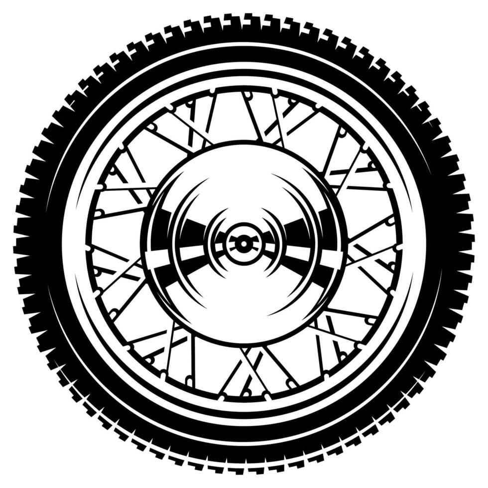 Detailed Black and White Illustration of a Motorcycle Wheel with Intricate Spoke Design vector