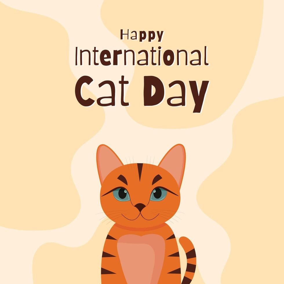 happy international cat day poster with ginger cat flat illustration. vector