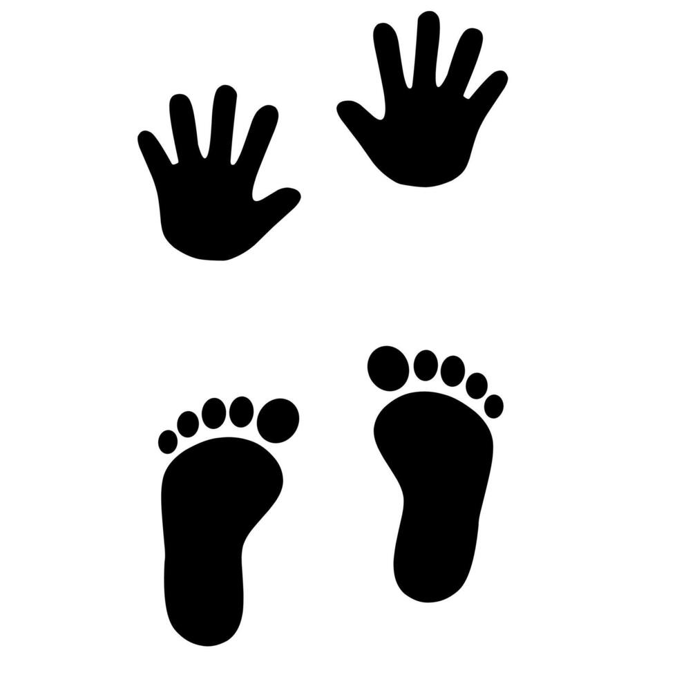 Black silhouette of childrens handprints and footprints on a white background. Simple design, perfect for baby related graphics, decorations, and creative projects vector