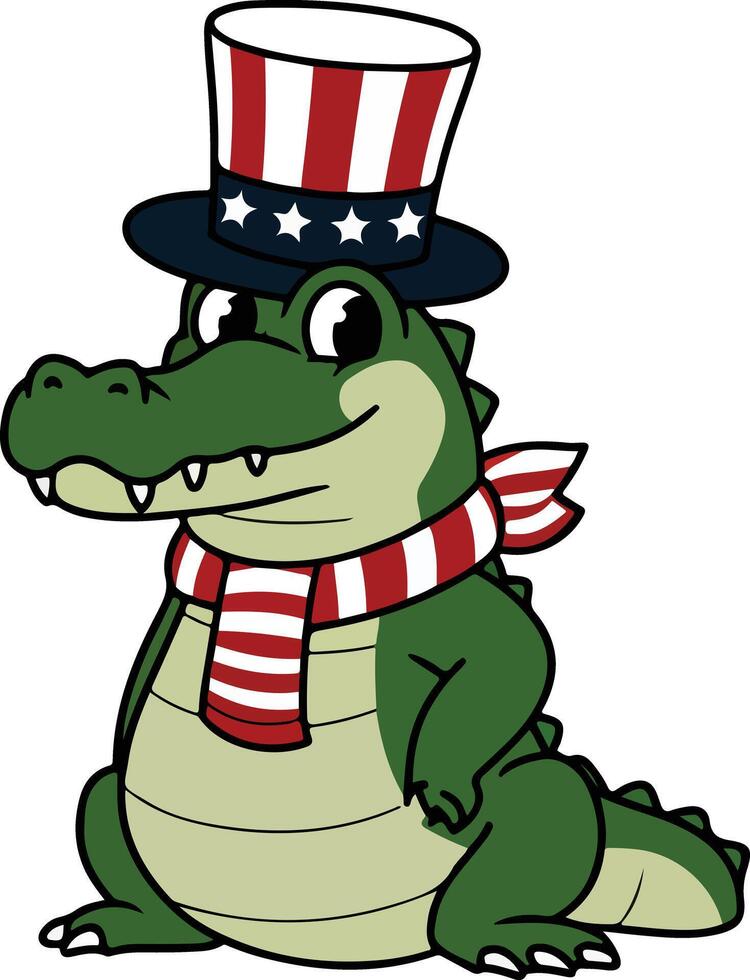 Cute Alligator wearing American flag hat vector