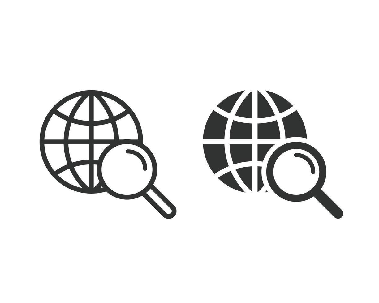 Search web icon set. Global search icon. World earth and magnifying glass icon vector