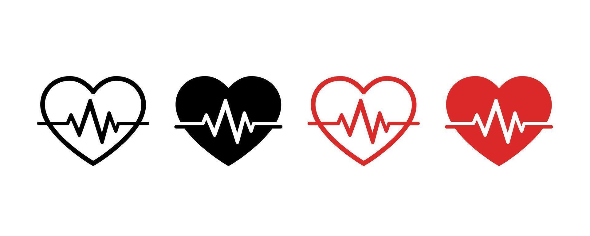 Heartbeat icon set with pulse line. Heartbeat pulse flat icon. Heart shape with pulse line. Heart beat pulse cardiogram wave icon vector