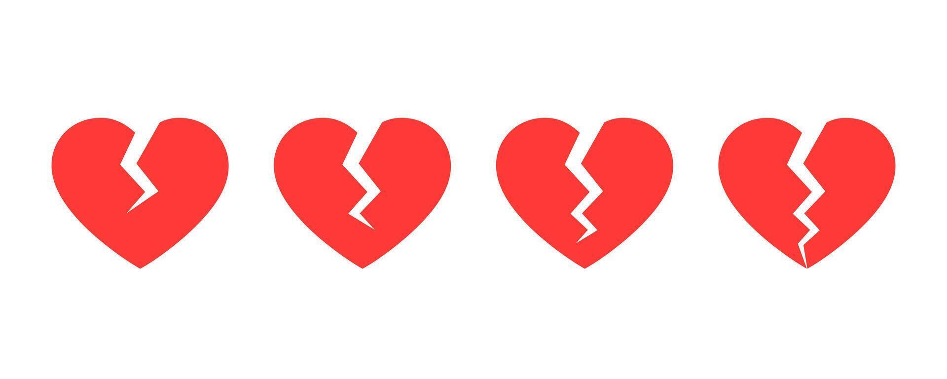 Broken heart icons set. Cracked heart flat icons. Broken heart or divorce flat icon. Heartbreak icons vector
