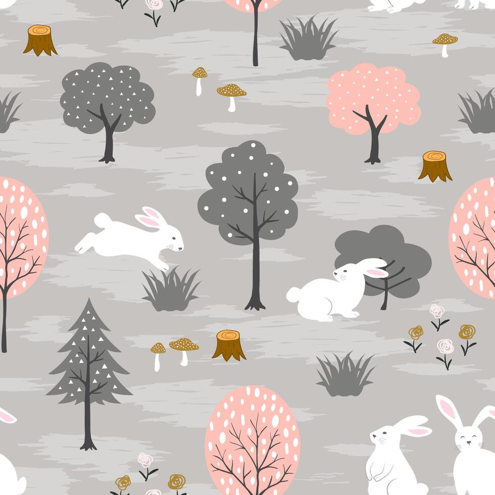 Seamless pattern with cute bunnies on spring forest for happy easter vector