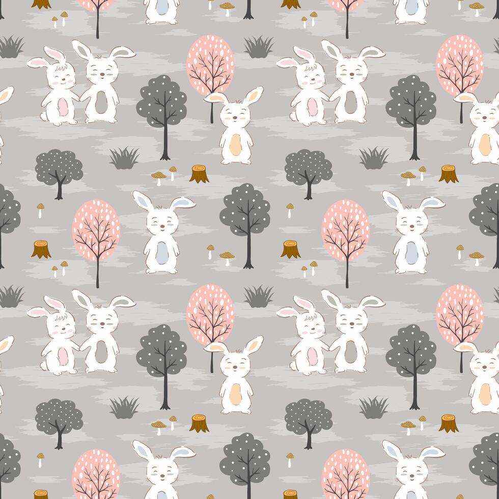 Seamless repeat pattern with hand drawn cute rabbits on spring forest vector