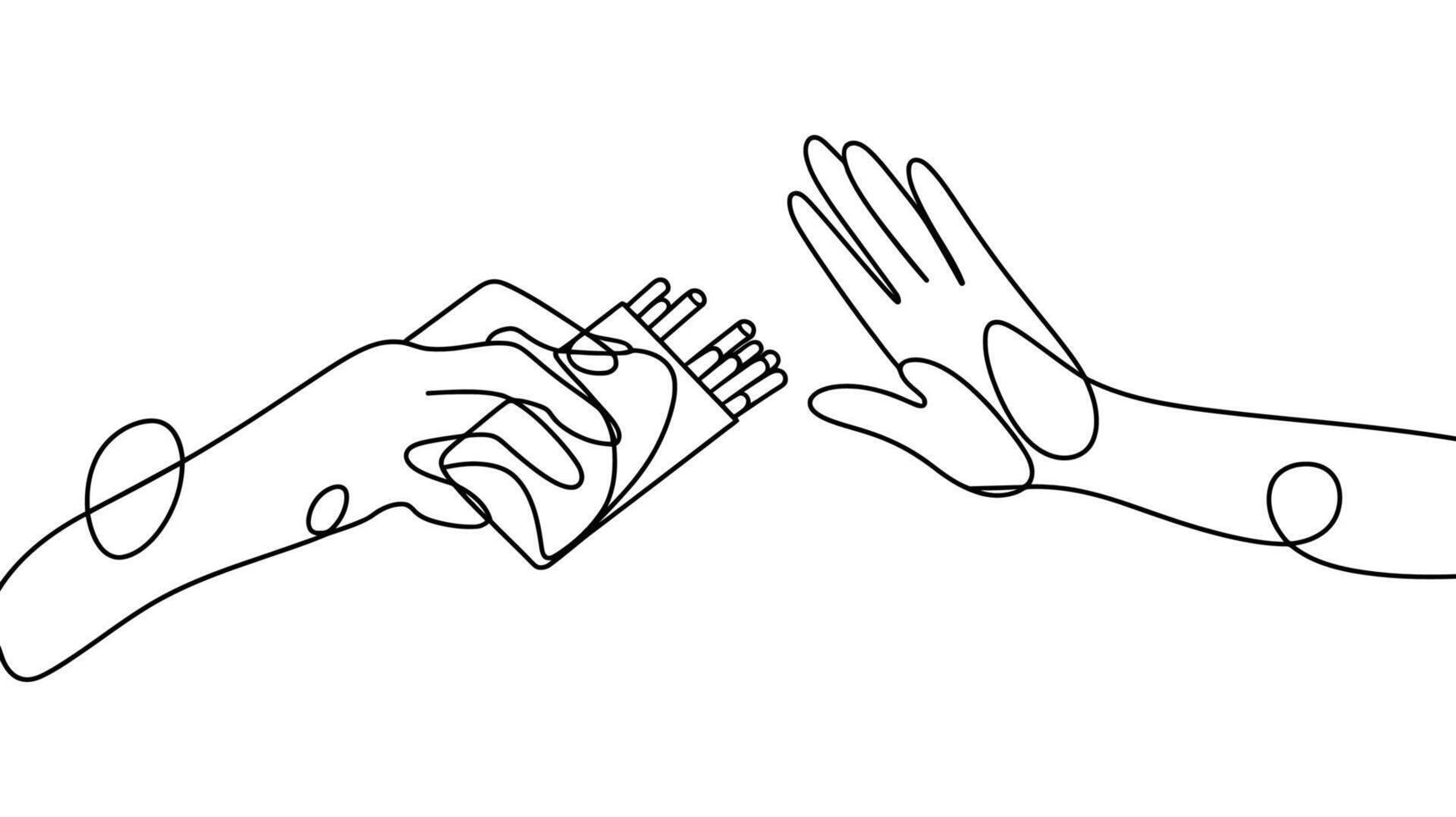 continuous one line drawing of a hand offering cigarettes and another refusing. vector
