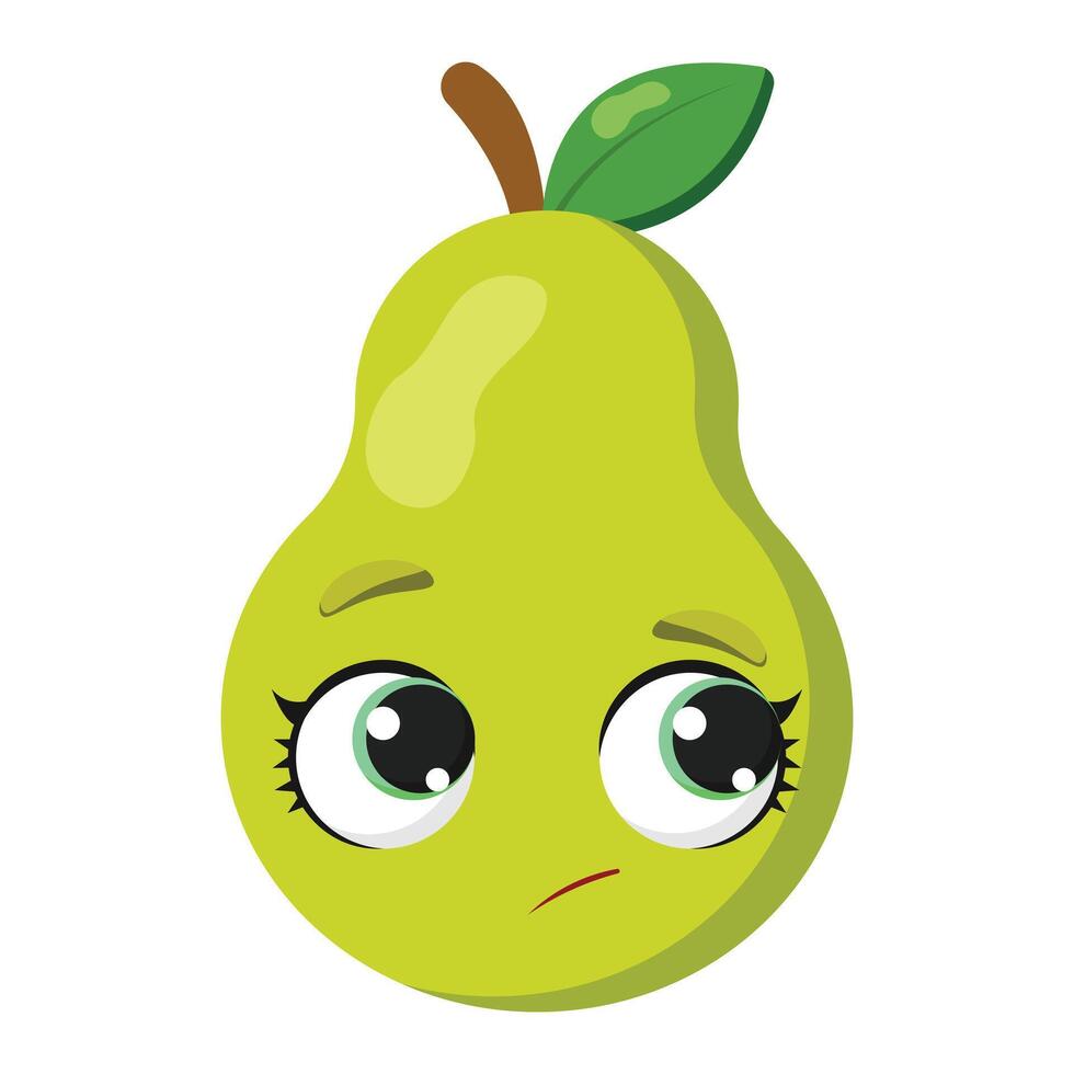 Cute green pear with sad face and big eyes, ideal for kids products, educational materials, emotions-based graphics and healthy food promotions vector