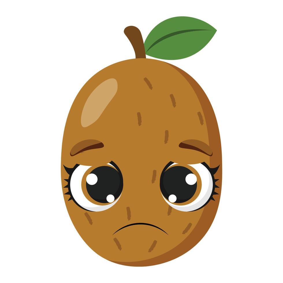 Kiwi fruit with big sad eyes and downturned mouth perfect for kids illustrations healthy food themes emotional storytelling and educational visuals vector