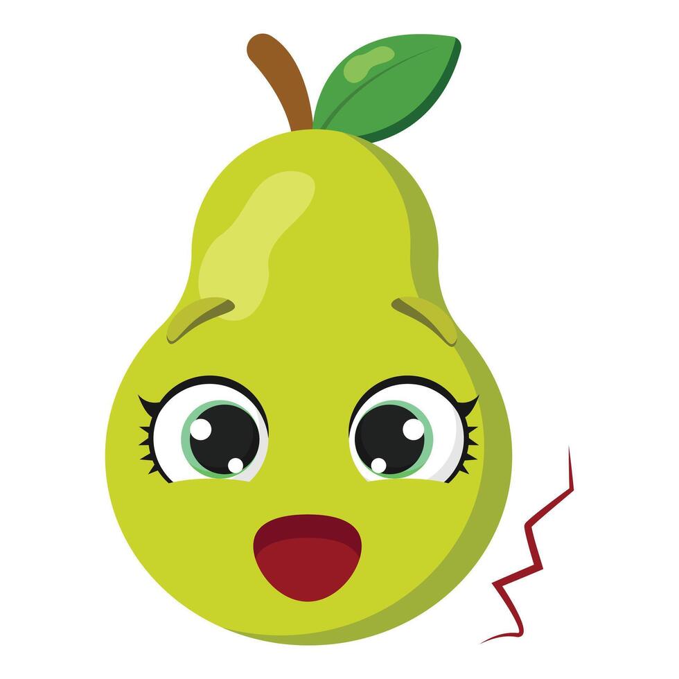 Happy green pear with expressive eyes and red zigzag, perfect for food designs, children materials, stickers, and playful prints vector