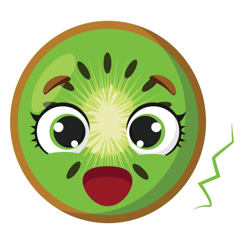 Bright kiwi slice with surprised face expression and dynamic lines, perfect for children's designs, food packaging, educational visuals, or fresh product promotion vector