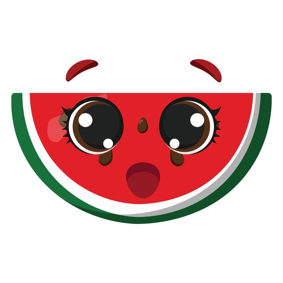 Happy watermelon slice with big eyes and cute face expression, ideal for summer designs, food themes, childrens prints, and fun packaging vector