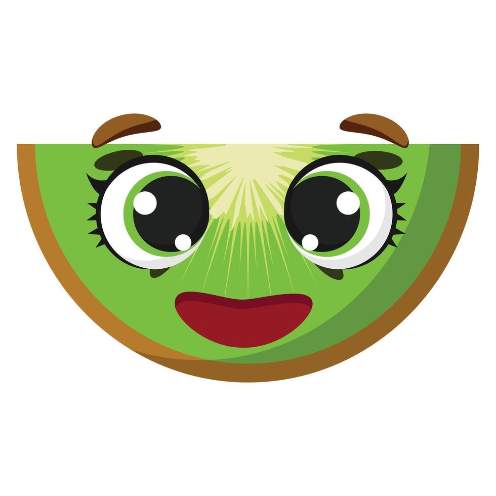 Happy green kiwi slice with big eyes and cheerful expression, perfect for kids designs, fun food graphics, and educational fruit-themed projects vector