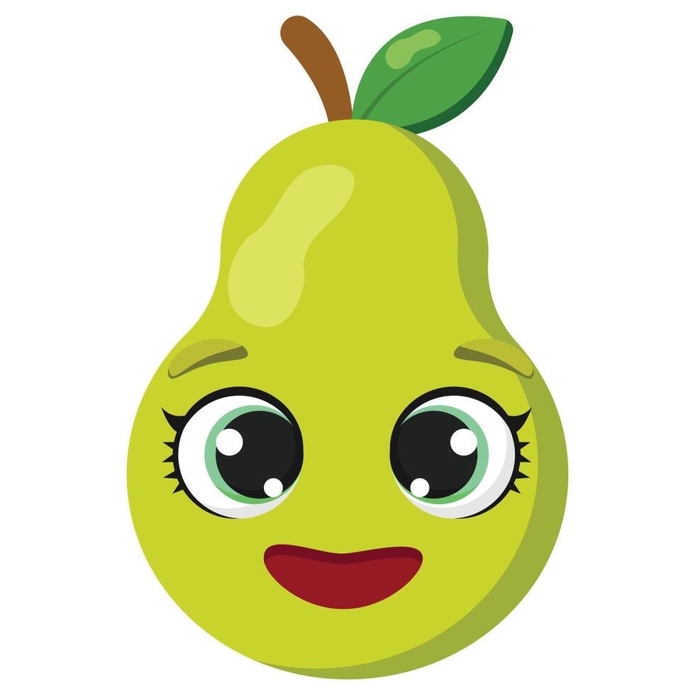Smiling green pear with cute big eyes and leaf, isolated on white. Ideal for healthy eating promotions, kids materials, prints, and fun food designs vector