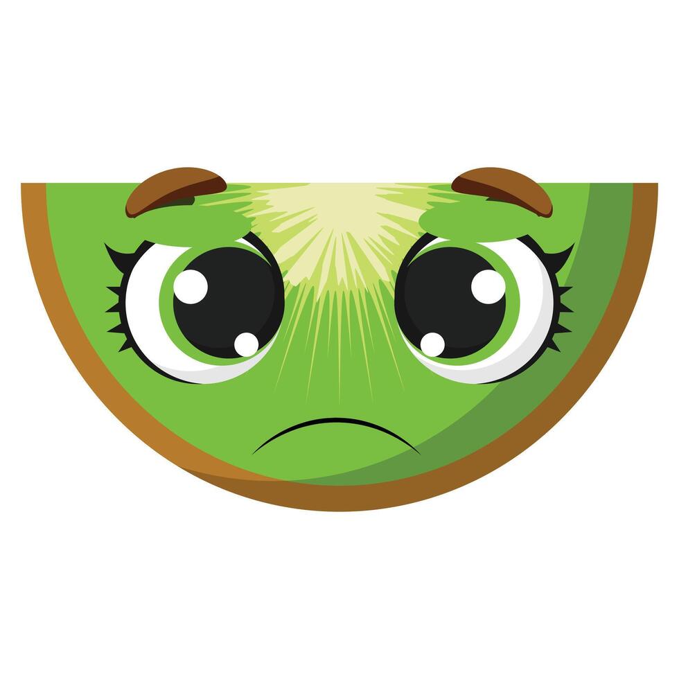 Green kiwi slice with sad expression, ideal for childrens prints, educational materials, healthy food themes, and fruit-related content vector