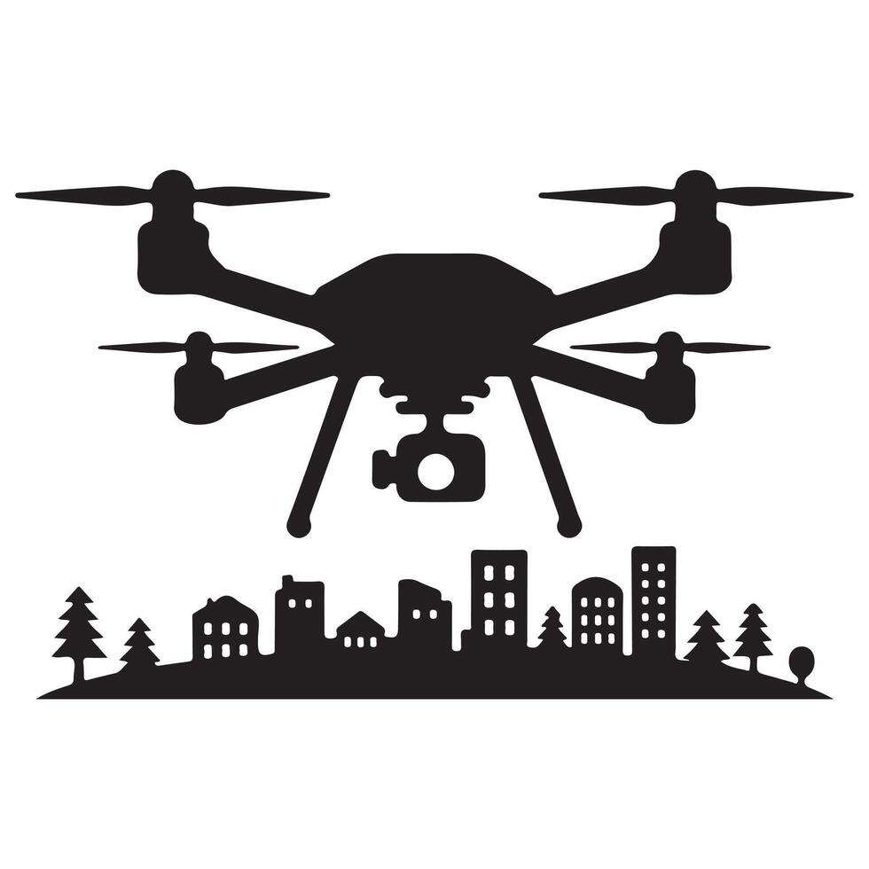 Drone capturing aerial footage of city skyline vector
