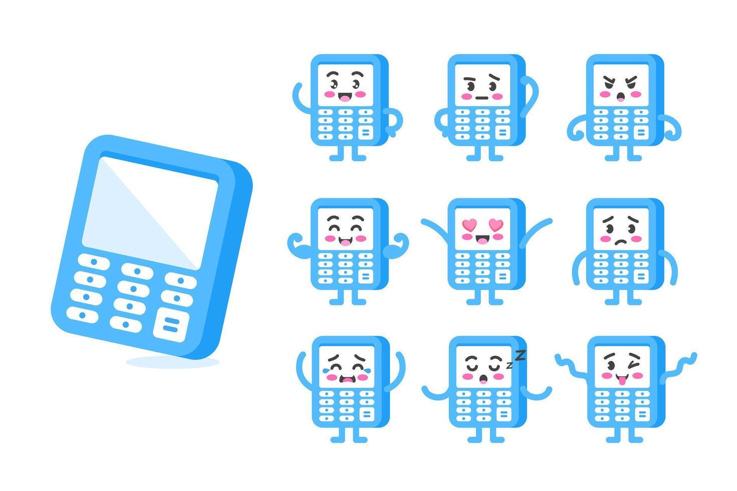 Calculator character set of poses and emotions, mascot of mathematics, finance and accounting, in cartoon kawaii style vector