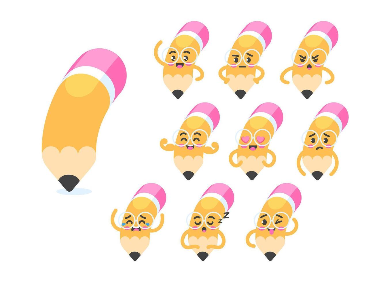 Pencil with a funny face character set of poses and emotions, mascot symbol of drawing, learning, architecture and design, in cartoon kawaii style vector