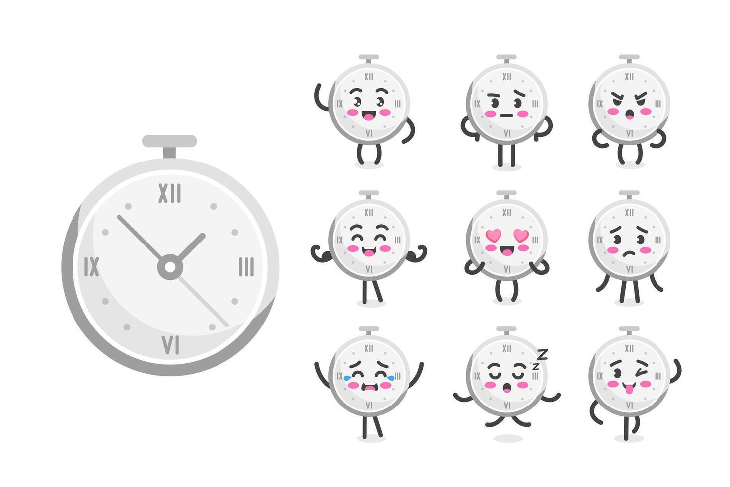 Stopwatch character pose and emotion set, mascot of sport, deadline, achievement and productivity in cartoon kawaii style vector