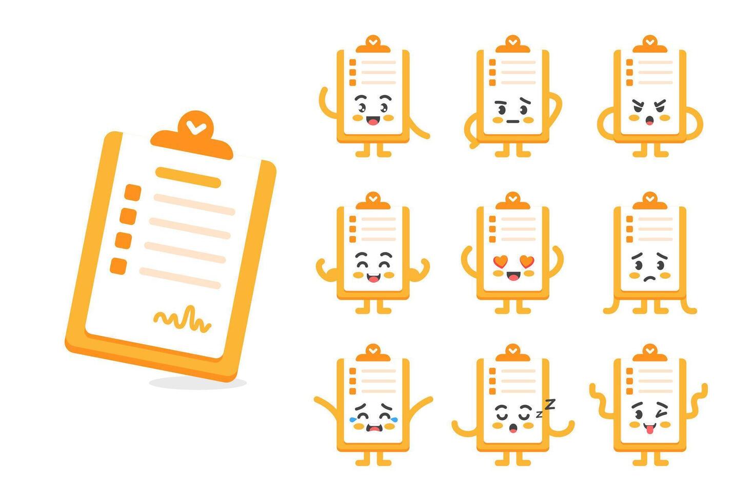 File document character set poses and emotions, mascot education, business, accounting, law and administration in cartoon kawaii style vector