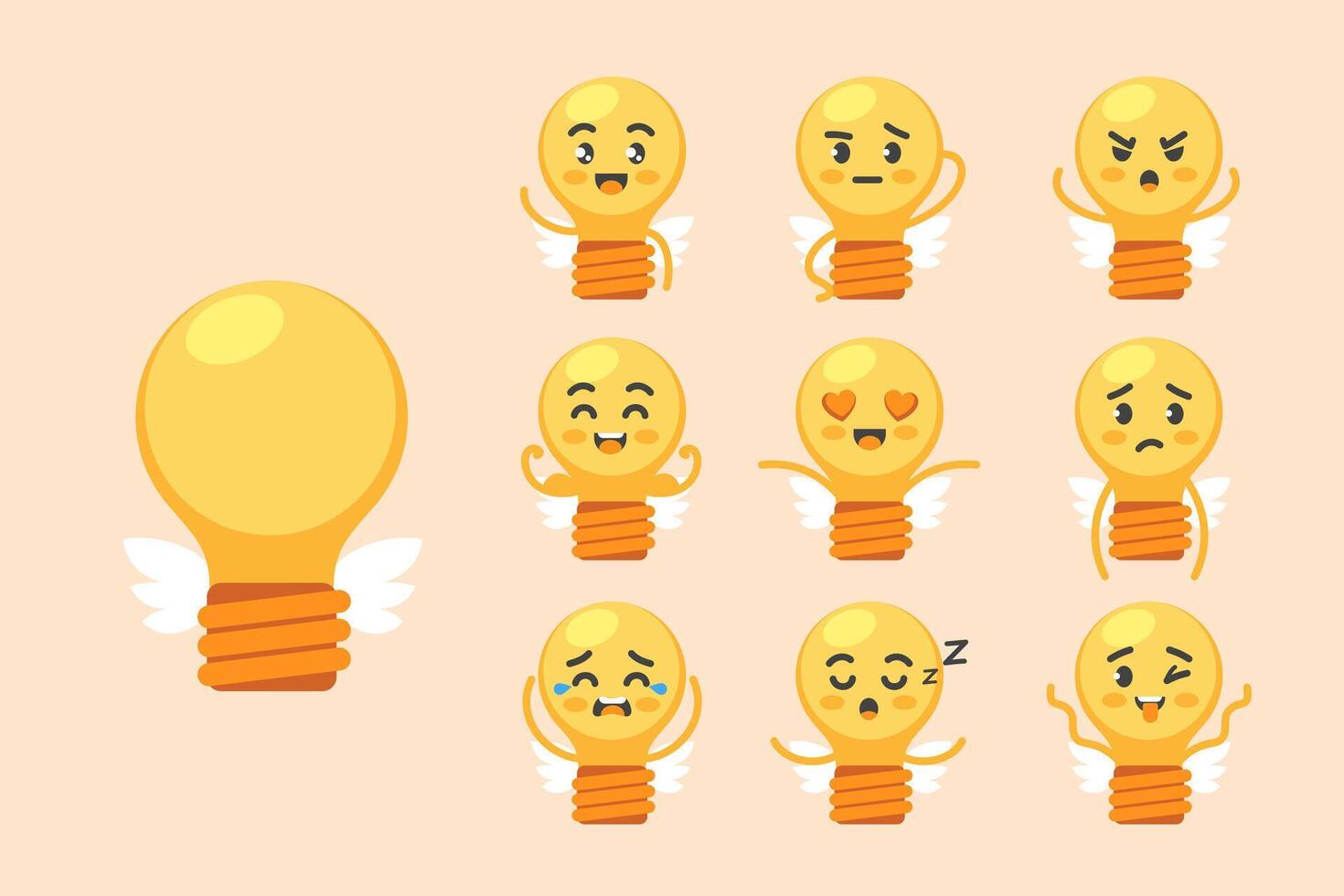Light bulb with wings character set of poses and emotions, mascot of insight, creative ideas and problem solving, in cartoon kawaii style vector