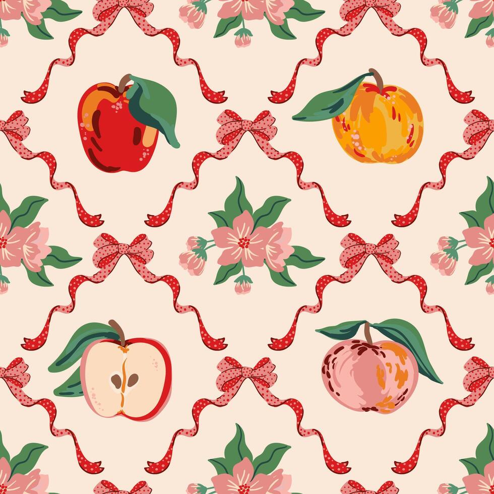 coquette trellis bow, apples seamless pattern. Coquette core preppy bows texture for tablecloth vector