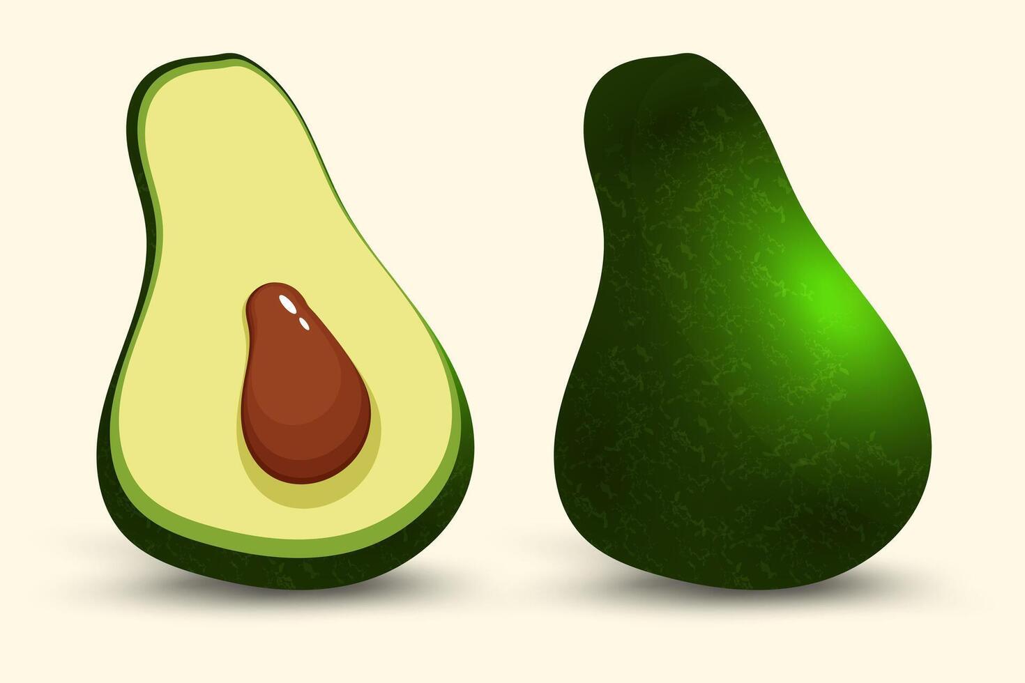 A whole avocado with a dark green, textured peel sits beside a halved one, revealing its creamy interior and large brown seed. vector