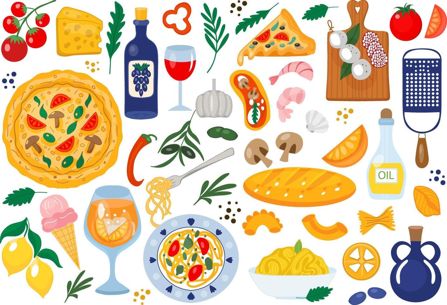 Italian food set, ingredients. Cartoon doodle stickers of traditional products. olive oil, tomatoes, mozzarella, pizza, cheese, pasta. Illustration vector