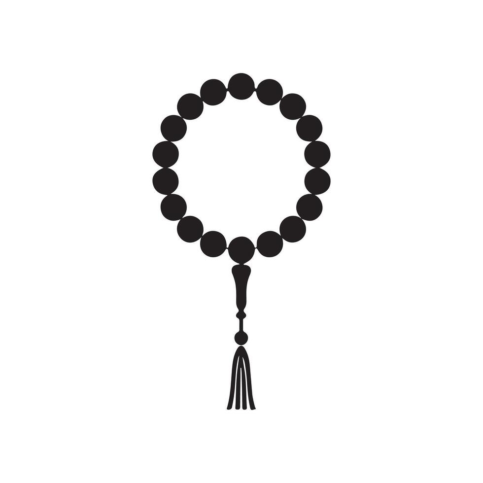A black prayer beads tasbih icon on a white background. The design features a circular string of beads with a tassel, symbolizing devotion, meditation, and spirituality in a simple and elegant style. vector