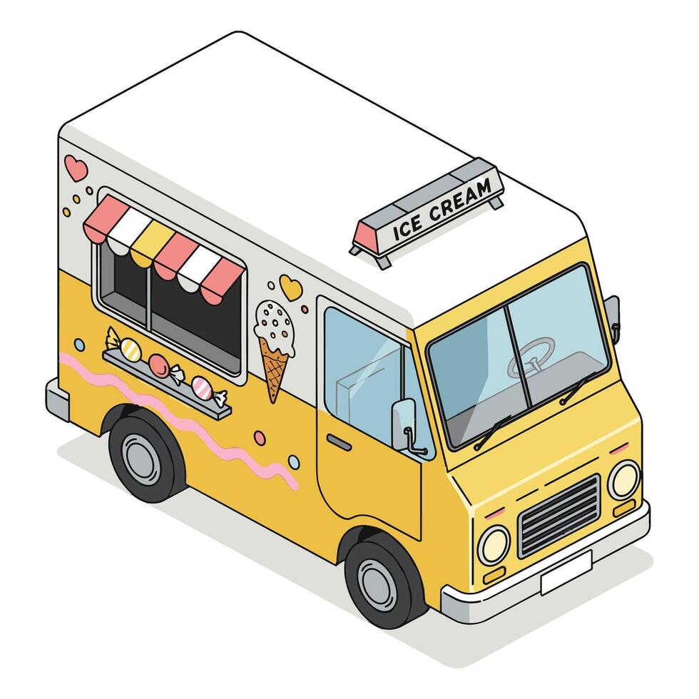 yellow ice cream truck isometric with ice cream text vector