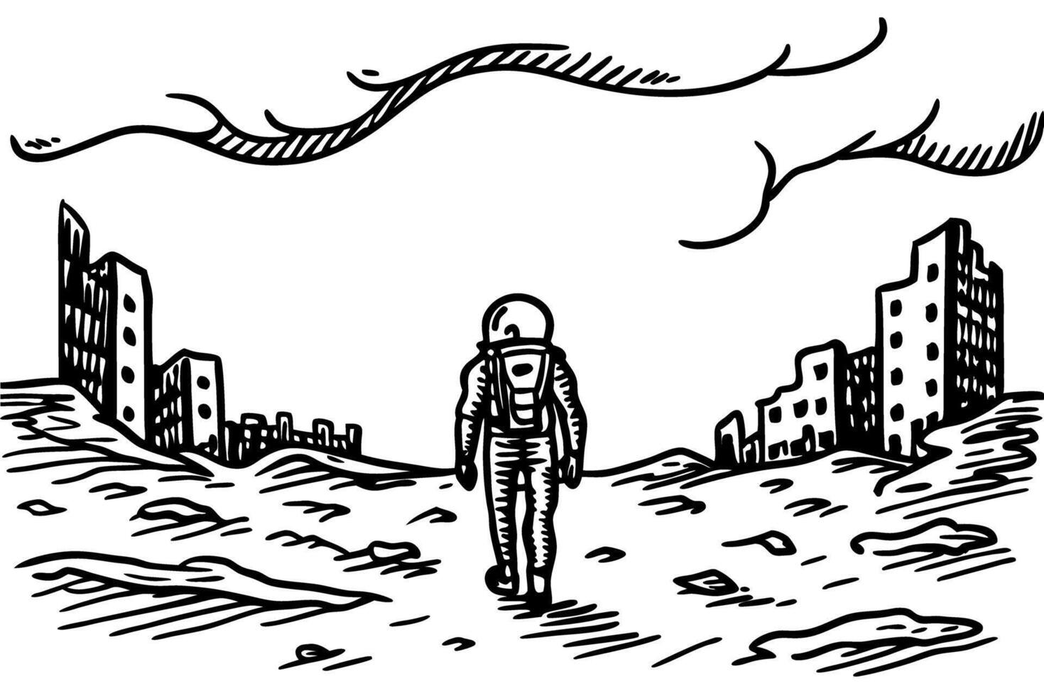 solitary astronaut exploring abandoned city ruins on a barren planet, post apocalyptic adventure vector
