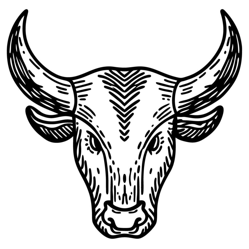 black and white bull head illustration with intricate patterns and strong horns vector
