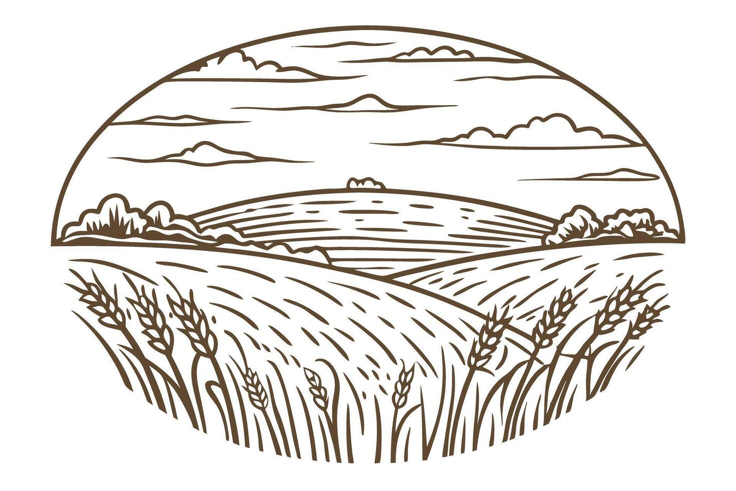 rustic landscape illustration of wheat fields and rolling hills under a cloudy sky vector