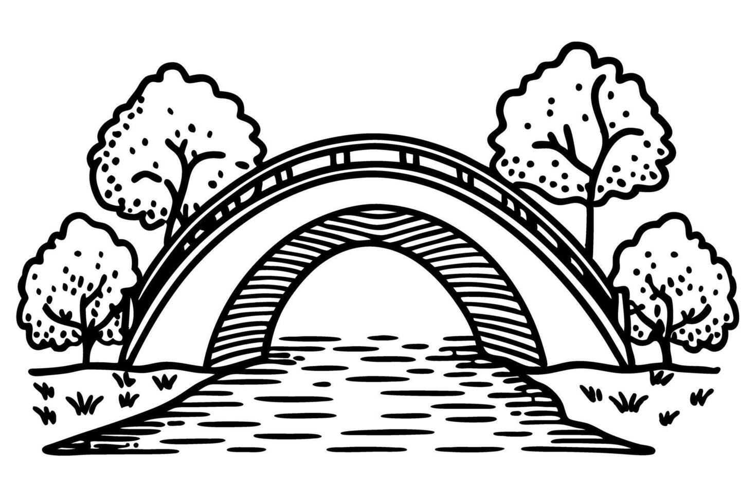 Arched bridge over serene river surrounded by lush trees in tranquil nature scene vector