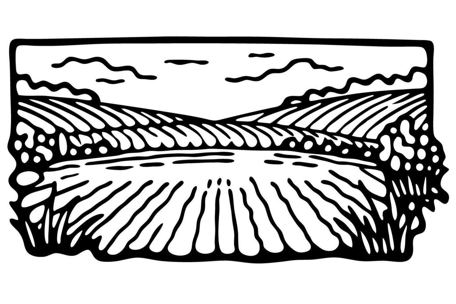 black and white landscape drawing of rolling hills and cloudy sky vector