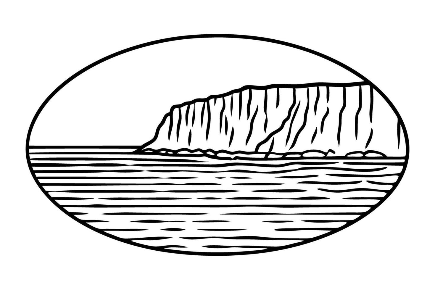 monochrome cliffside ocean view in oval frame line art scenic coastal landscape illustration vector