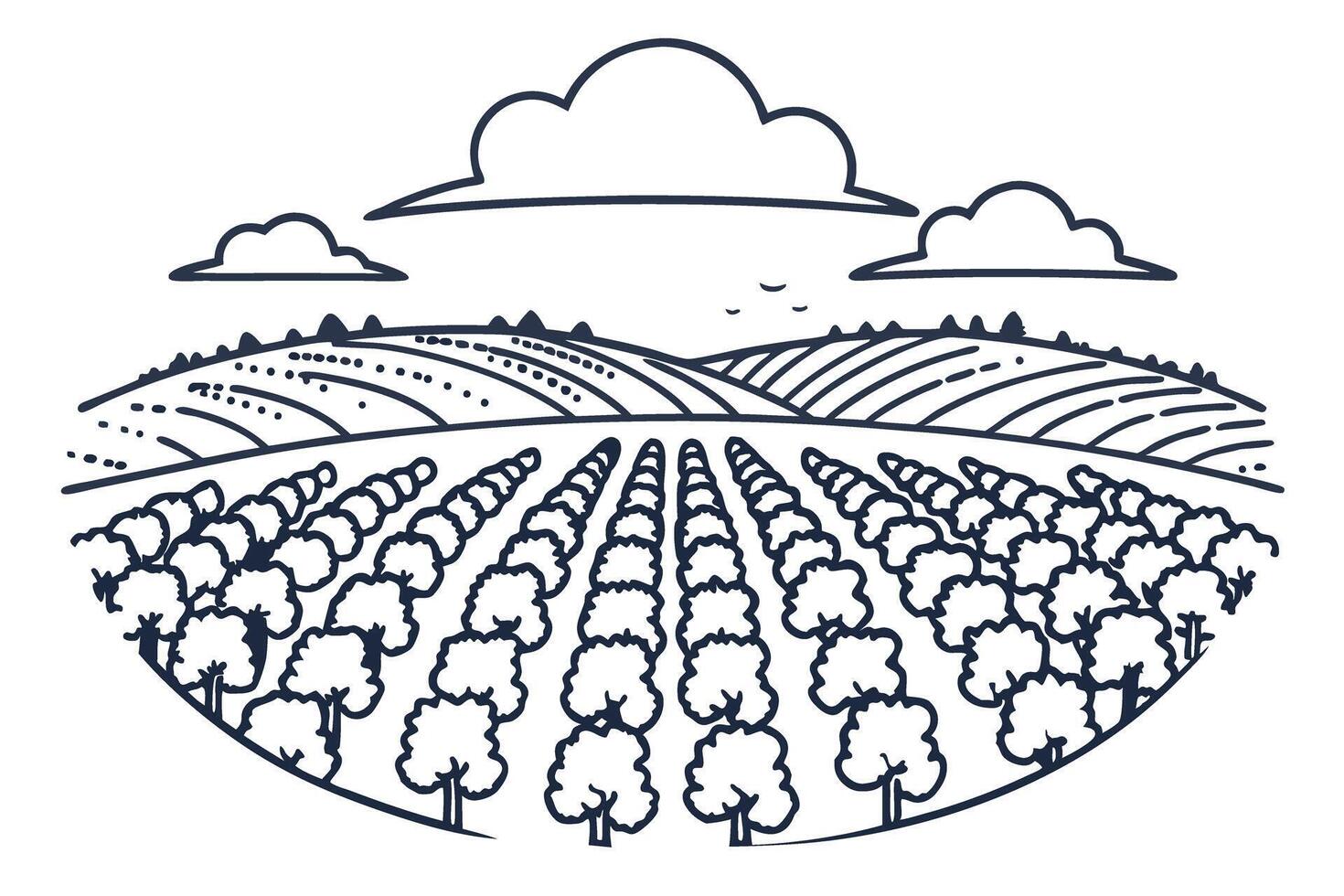 lush agricultural fields with tree rows and rolling hills under cloudy sky line art illustration vector