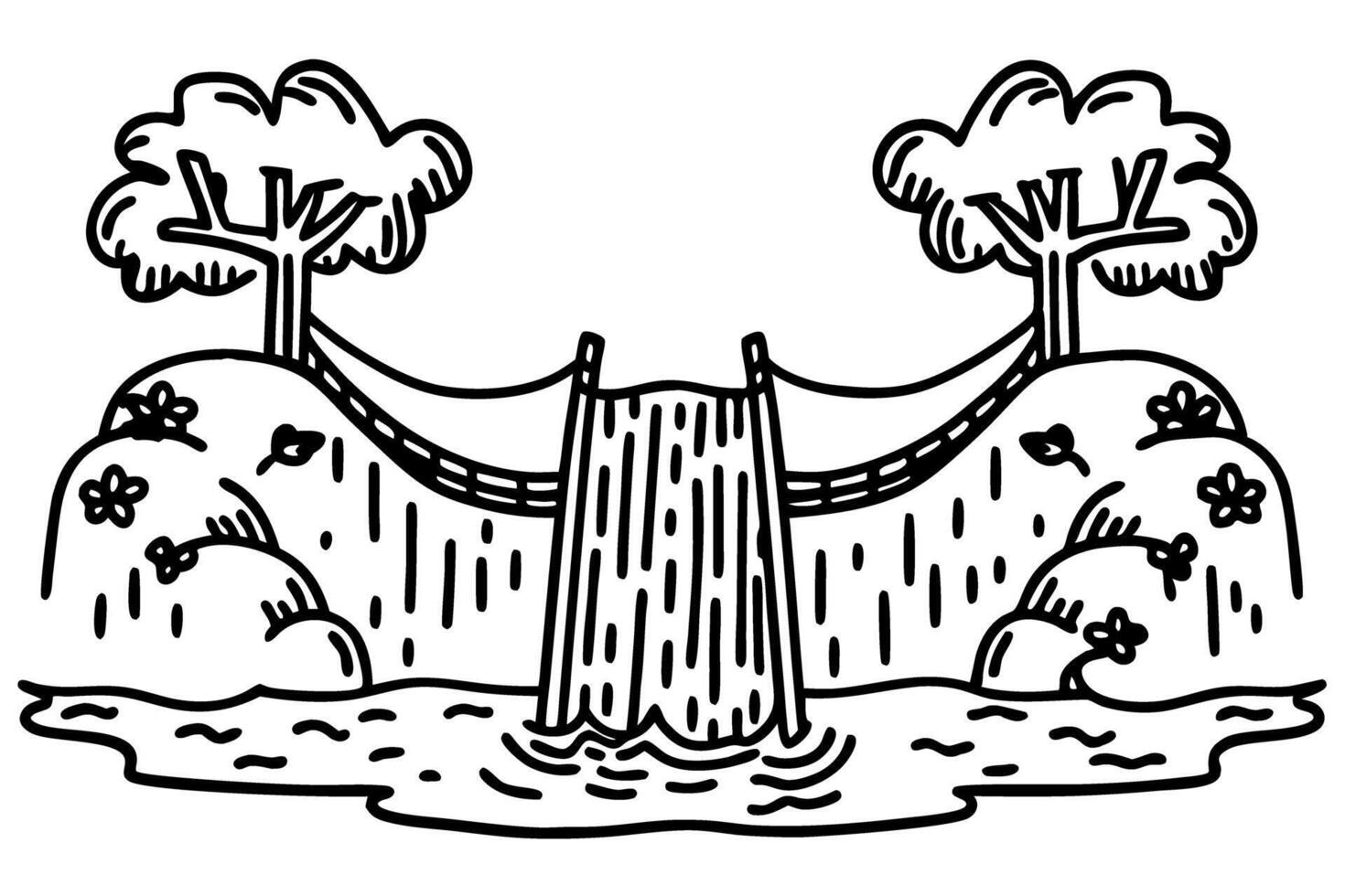 illustration of a tranquil waterfall with trees and hills in black and white line art design vector