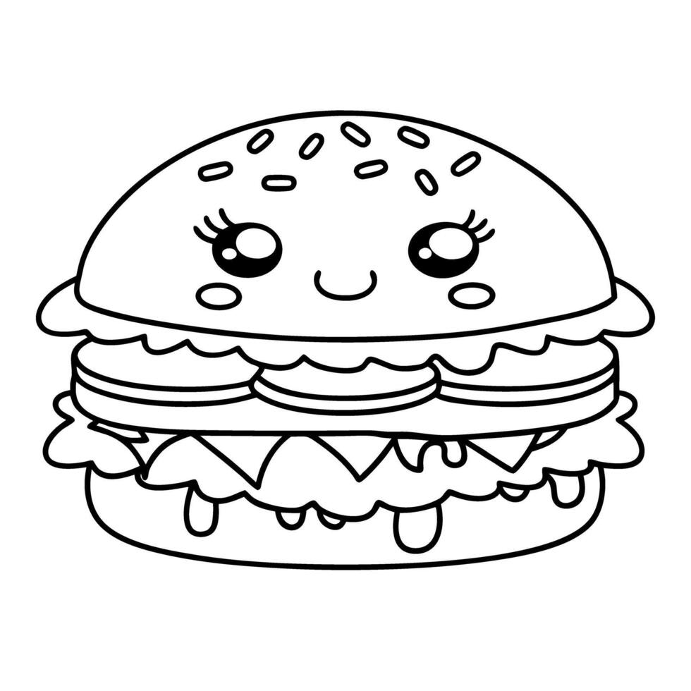 kawaii burger character with lettuce and cheese cute food illustration vector