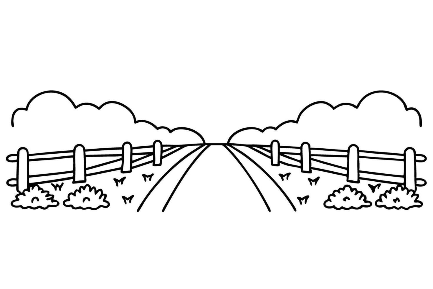 Black and white country road with wooden fences and clouds outline, simple rural landscape vector
