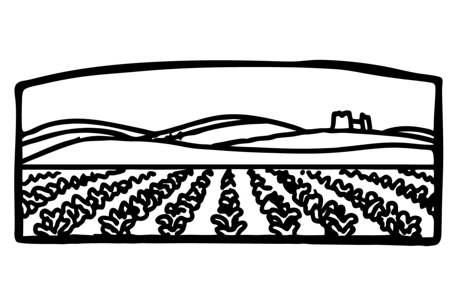 Vineyard landscape with rolling hills and distant tower vector