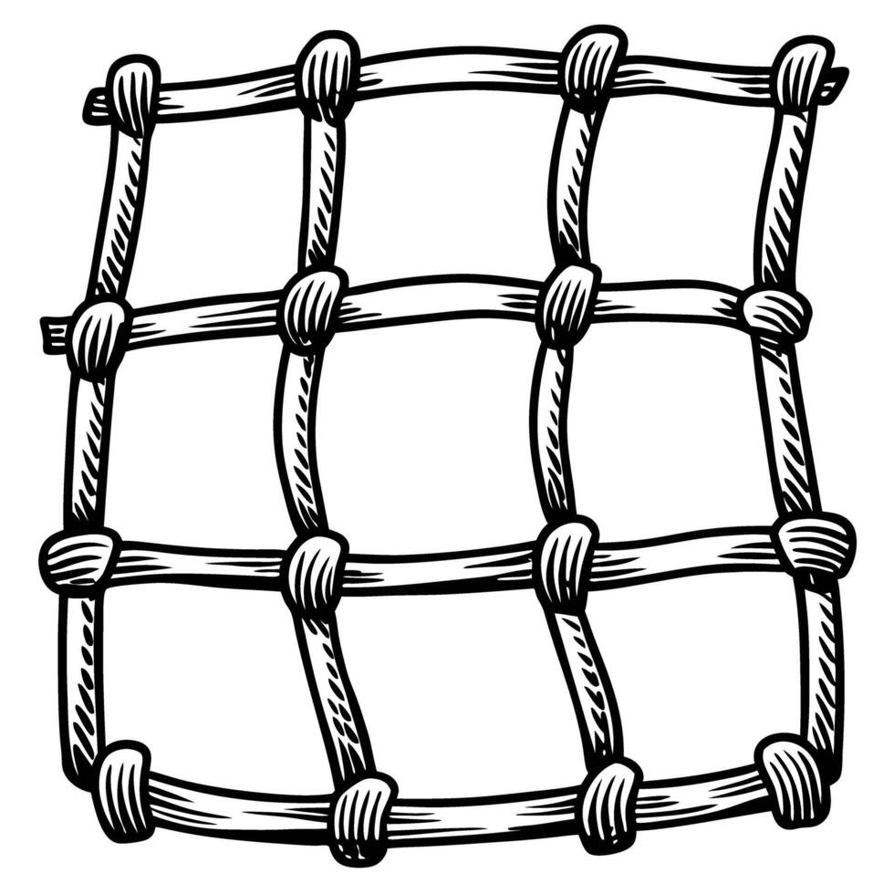 Hand drawn rope net with knots on white background, nautical and fishing equipment illustration vector