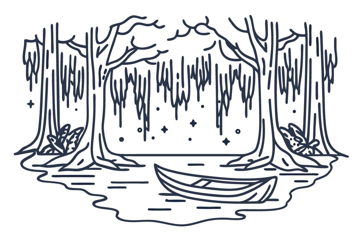 Illustration of a serene forest lake with a canoe under hanging trees vector
