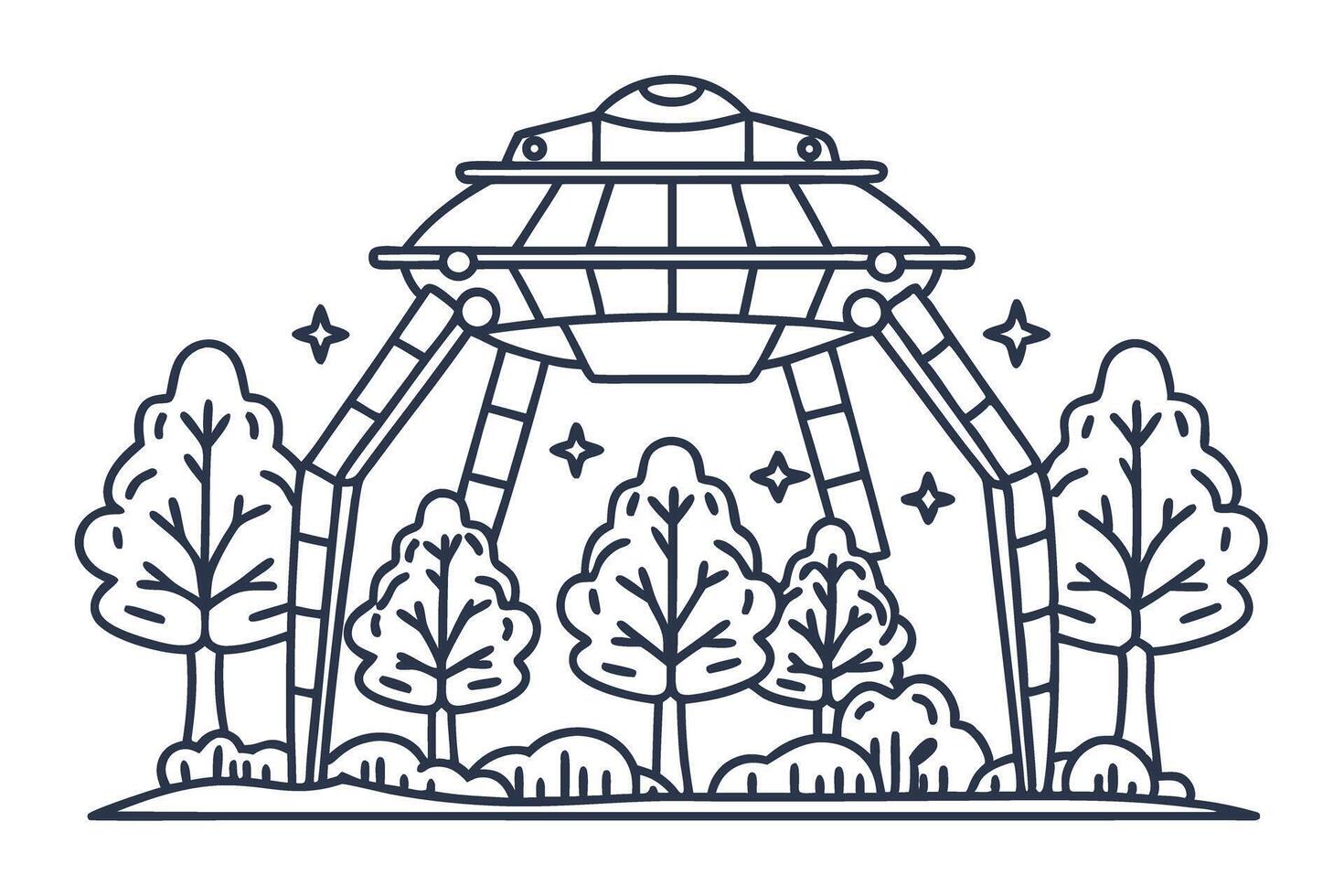 ufo in forest spaceship, alien spacecraft hovering among trees extraterrestrial whimsy, sci fi fantasy scene vector
