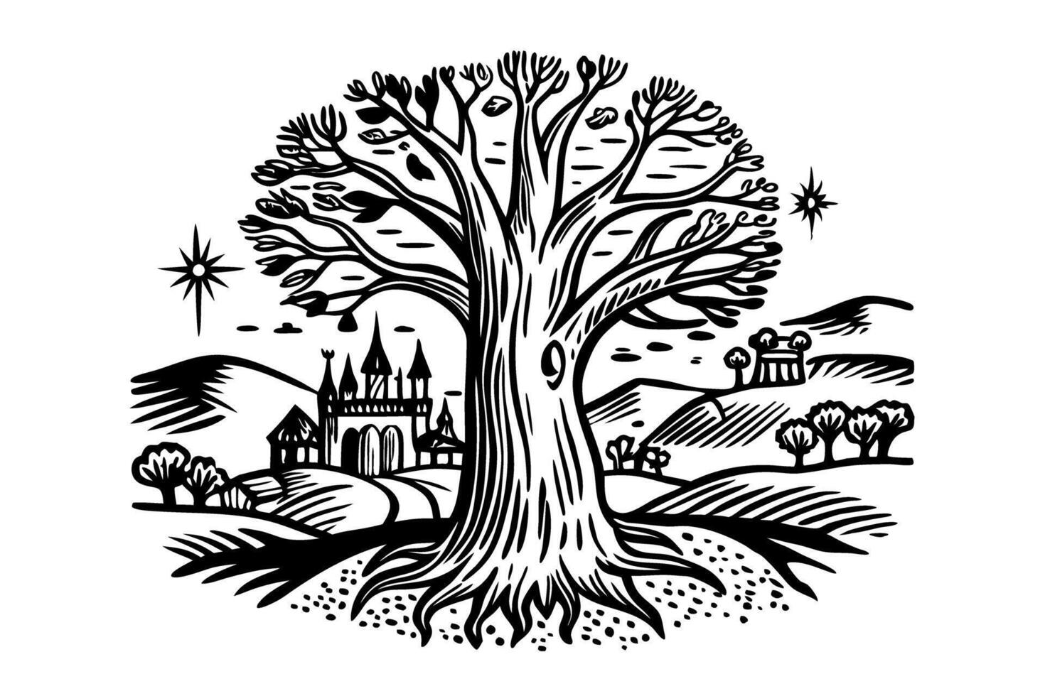Whimsical tree illustration with castle and hills in a fantasy landscape vector