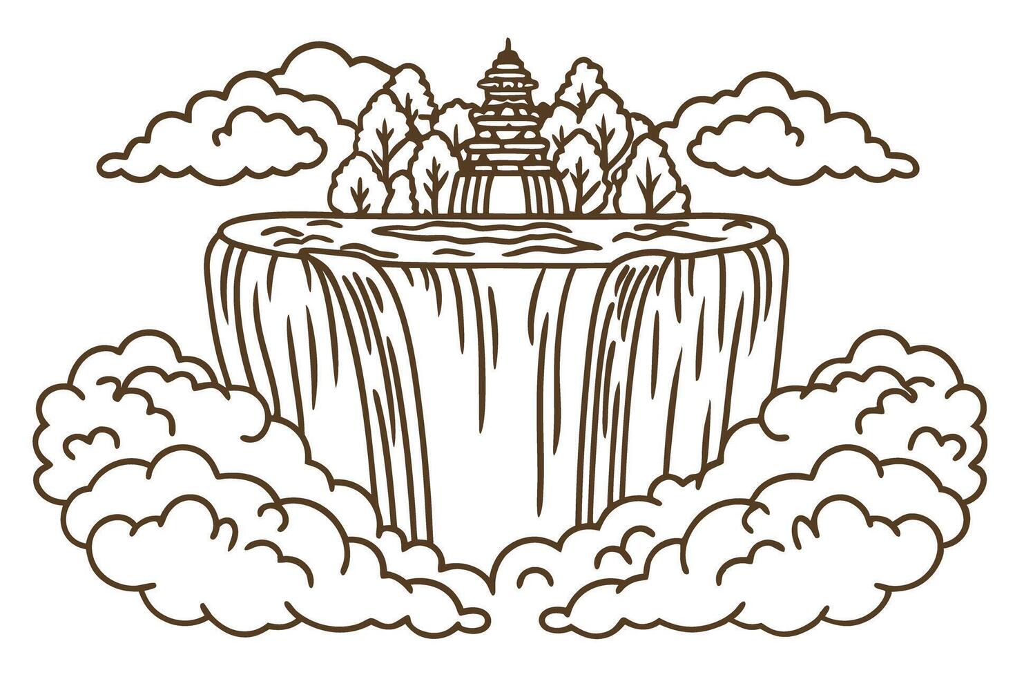 Serene temple amidst waterfall and clouds peaceful scenery drawing with nature elements vector