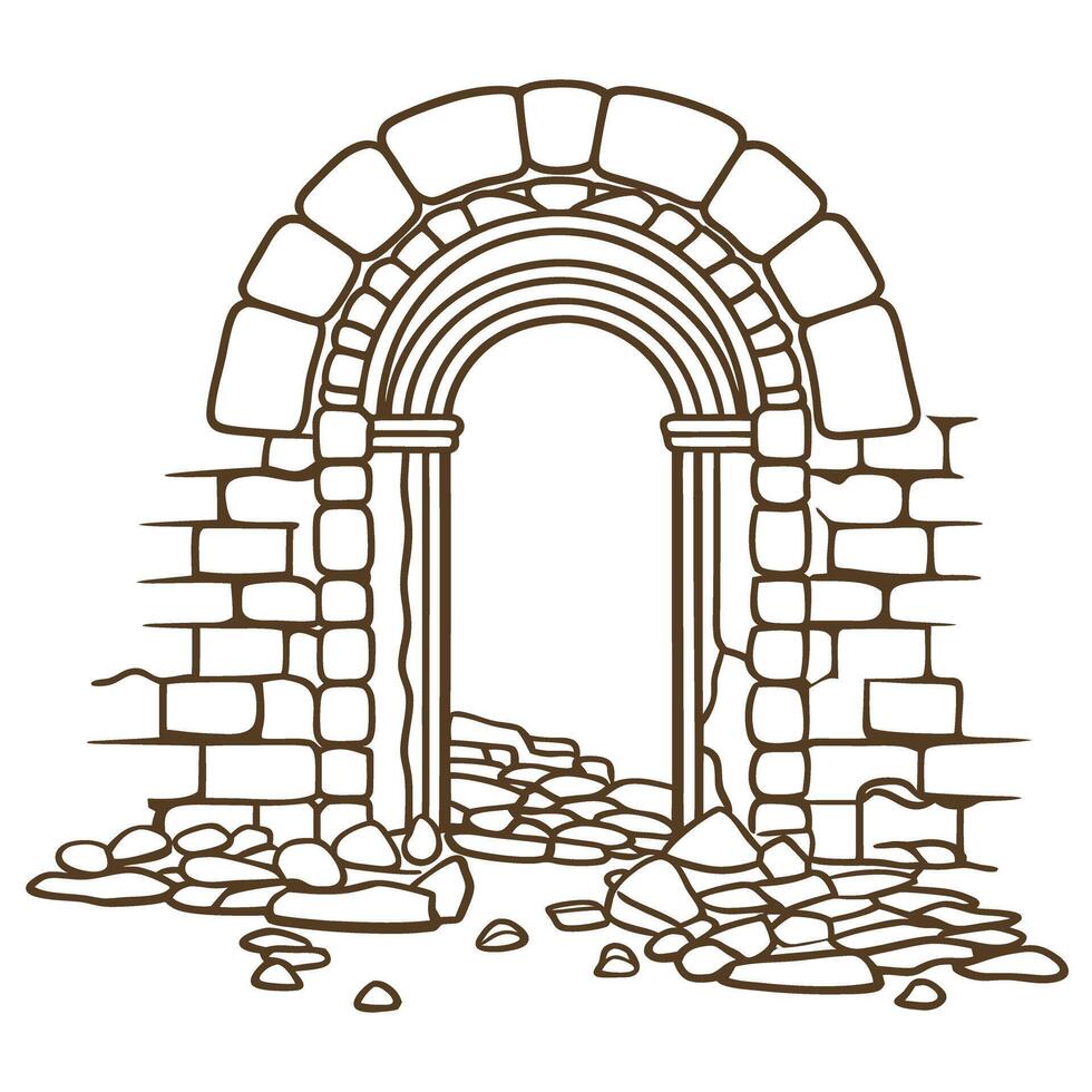 ancient stone archway with crumbling rock rubble, historical architecture line art illustration vector