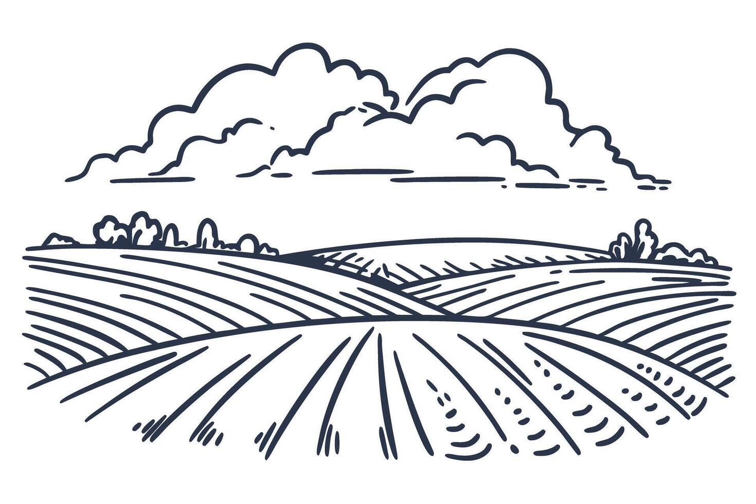 Scenic landscape sketch of rolling hills and fields with cloudy sky in minimalist vector