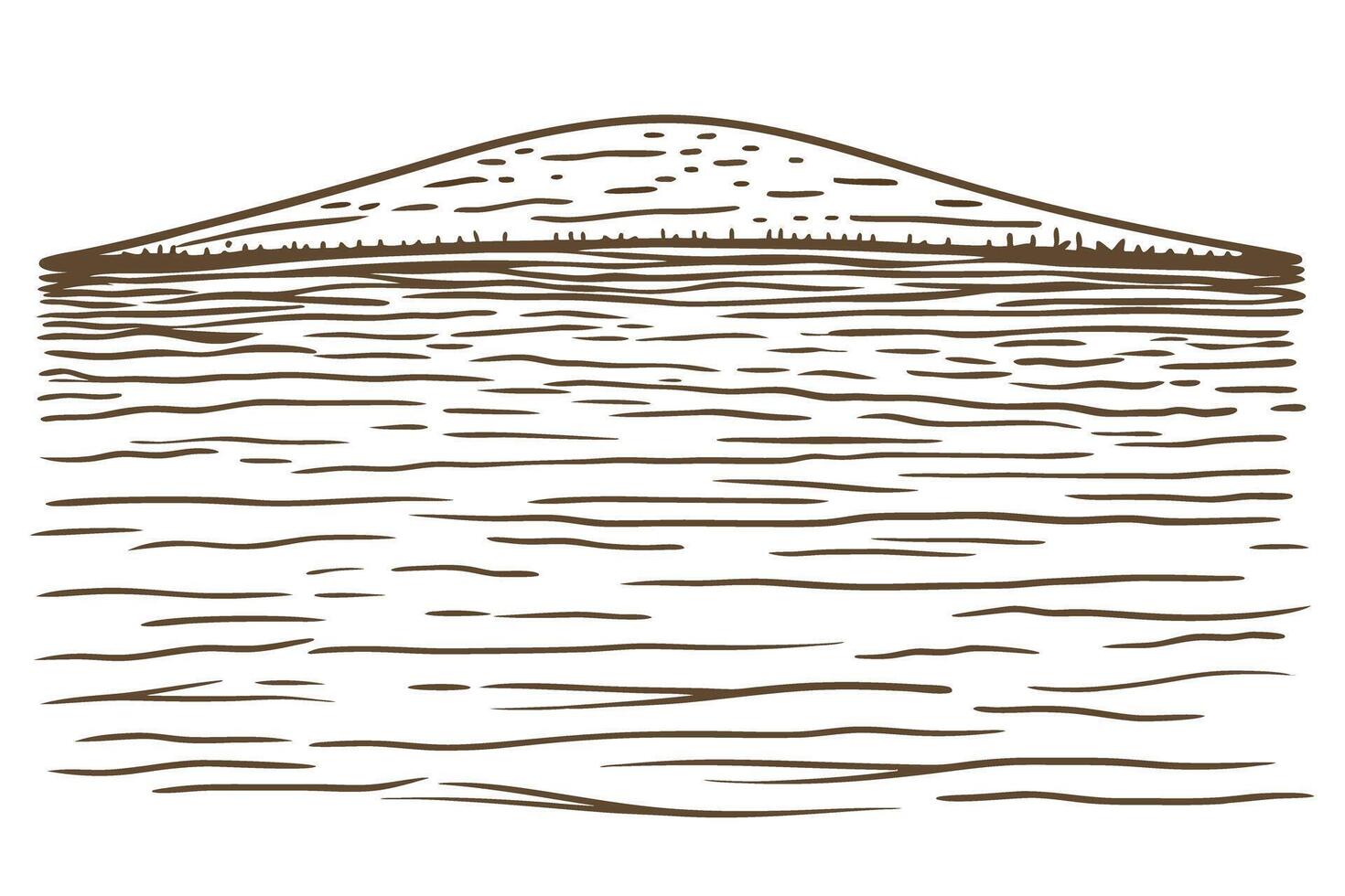 minimalist mountain sketch over tranquil water with horizon outline, nature scenery art vector