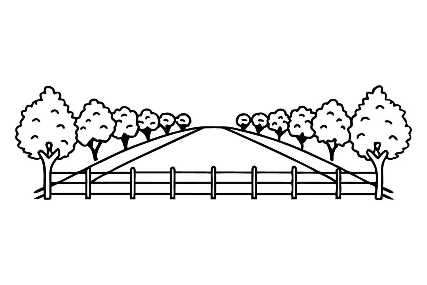Symmetrical tree lined pathway with fence in minimalist illustration design vector