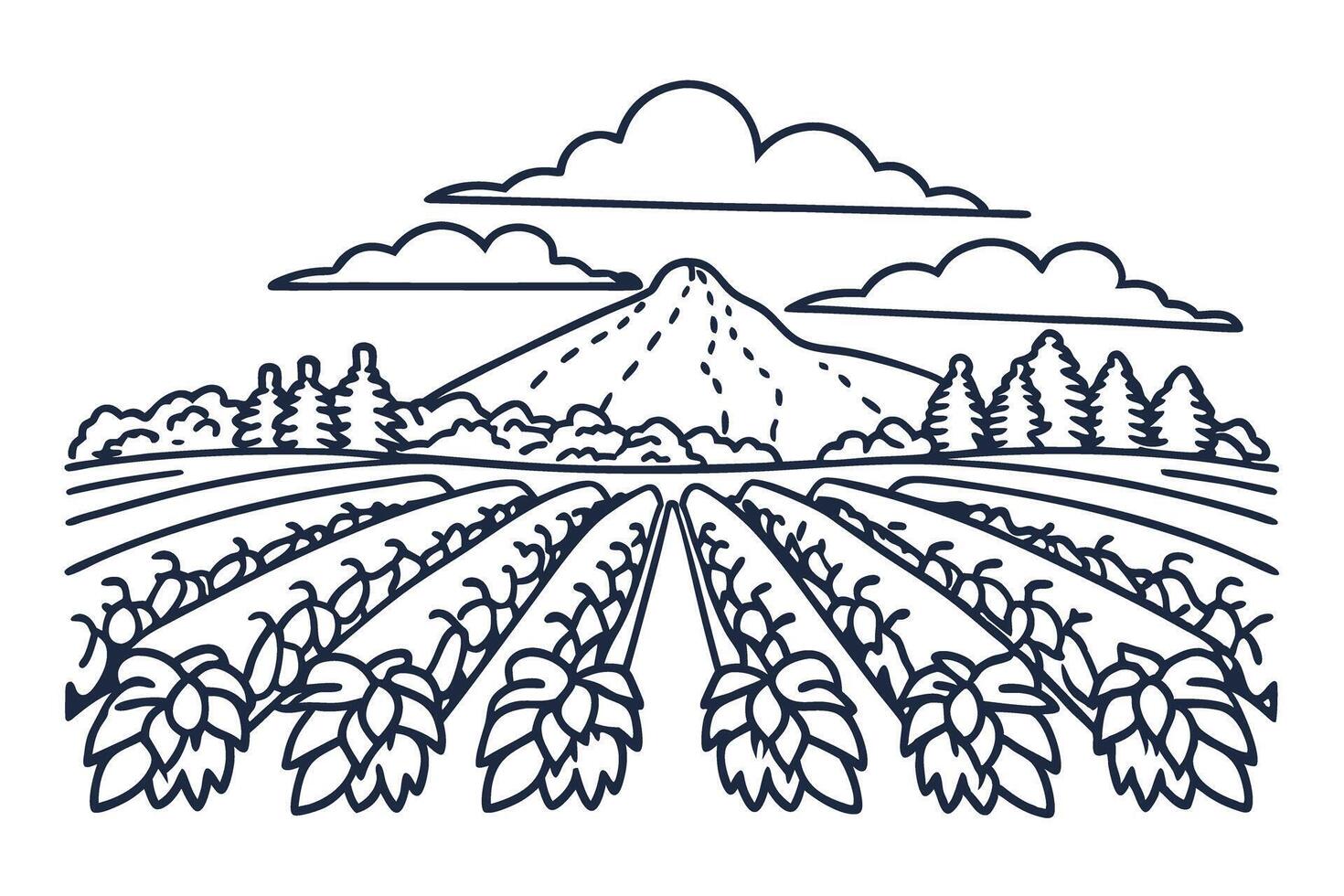 Mountain landscape with rows of crops and clouds, nature agriculture scene in black and white illustration vector